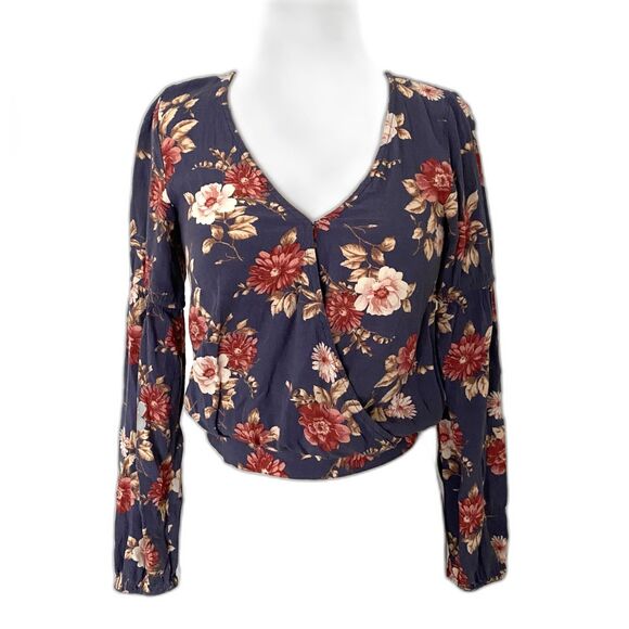 American Eagle Cropped Long Sleeve Floral Blouse Elastic Cuffs Waist Detail XS - Picture 2 of 8